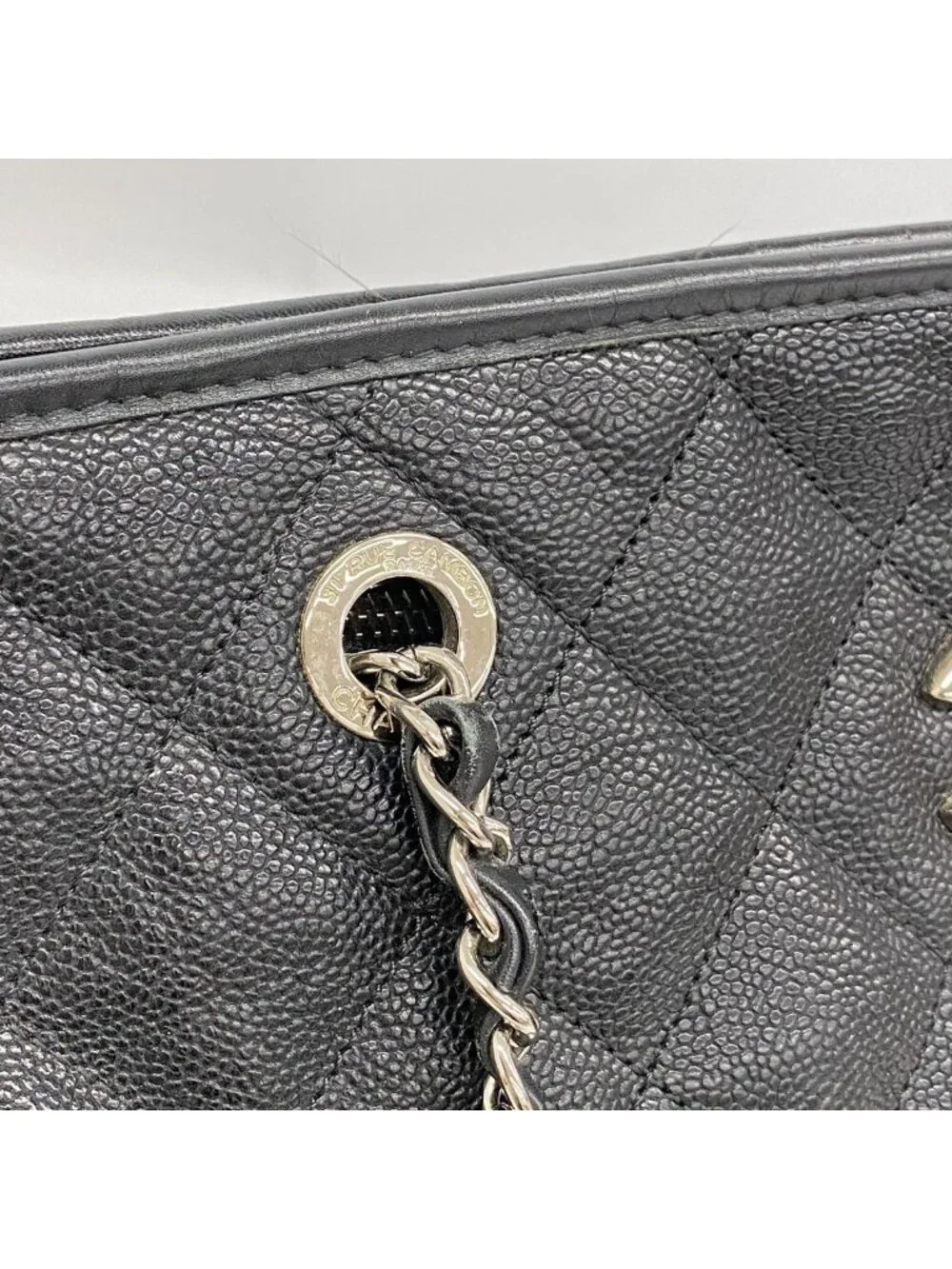 Chanel Chain Tote Quilted Caviar Leather Black Silver